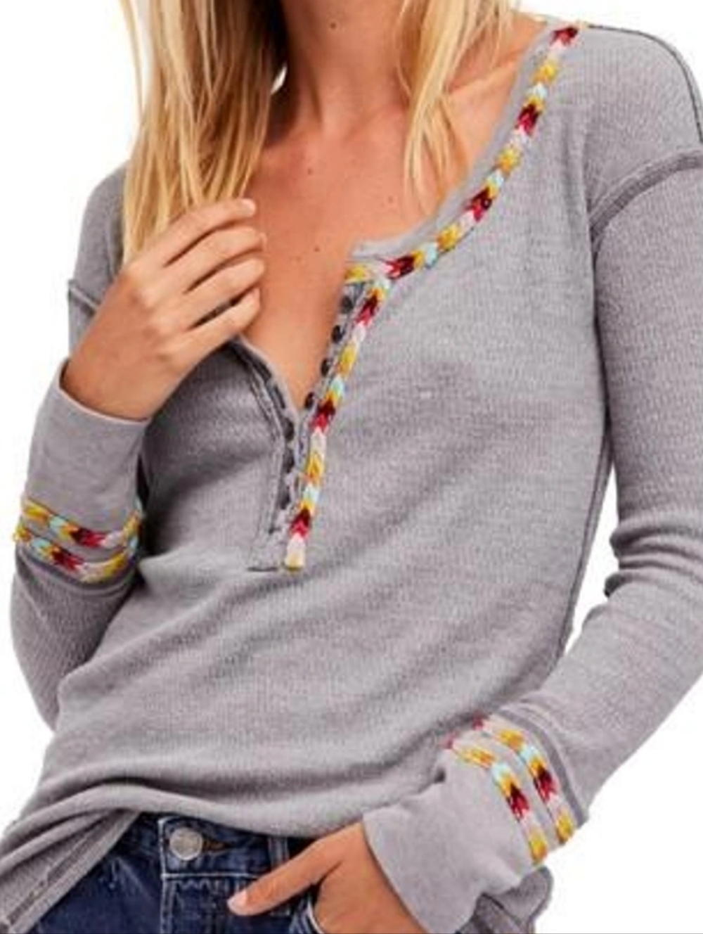 We The Free Olive Waffle Knit Top with Ivory Trim